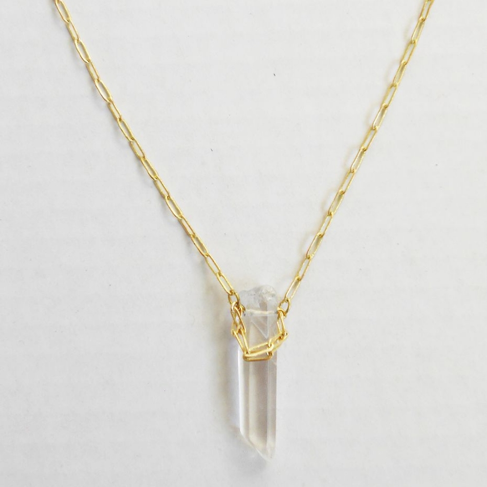 Art Deco Quartz Pendant Necklace Vintage Brass